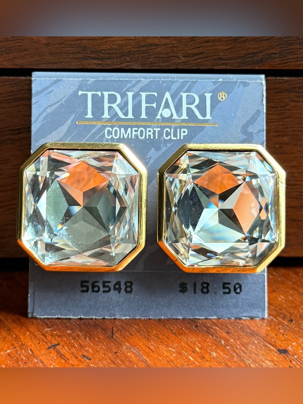 Vintage Trifari Gold-Tone Clear Faceted Octagon Clip-On Earrings; 1980’s NOS